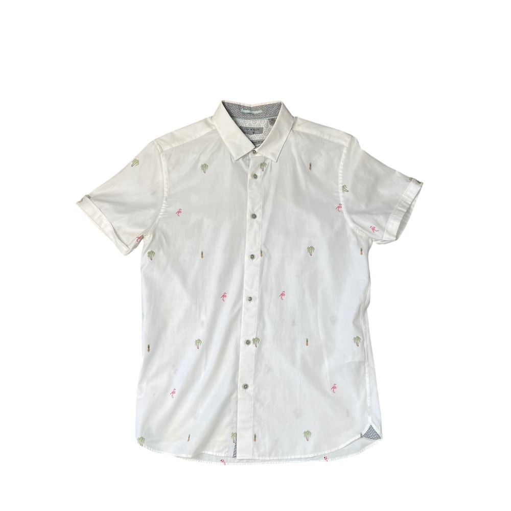 Ted Baker London Mens White Tropical Embroidered Short Sleeve Button Up Shirt 3